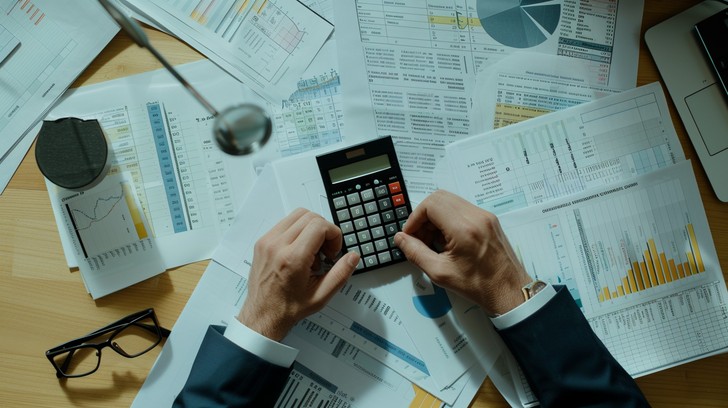 Person organizing financial charts and budget spreadsheets